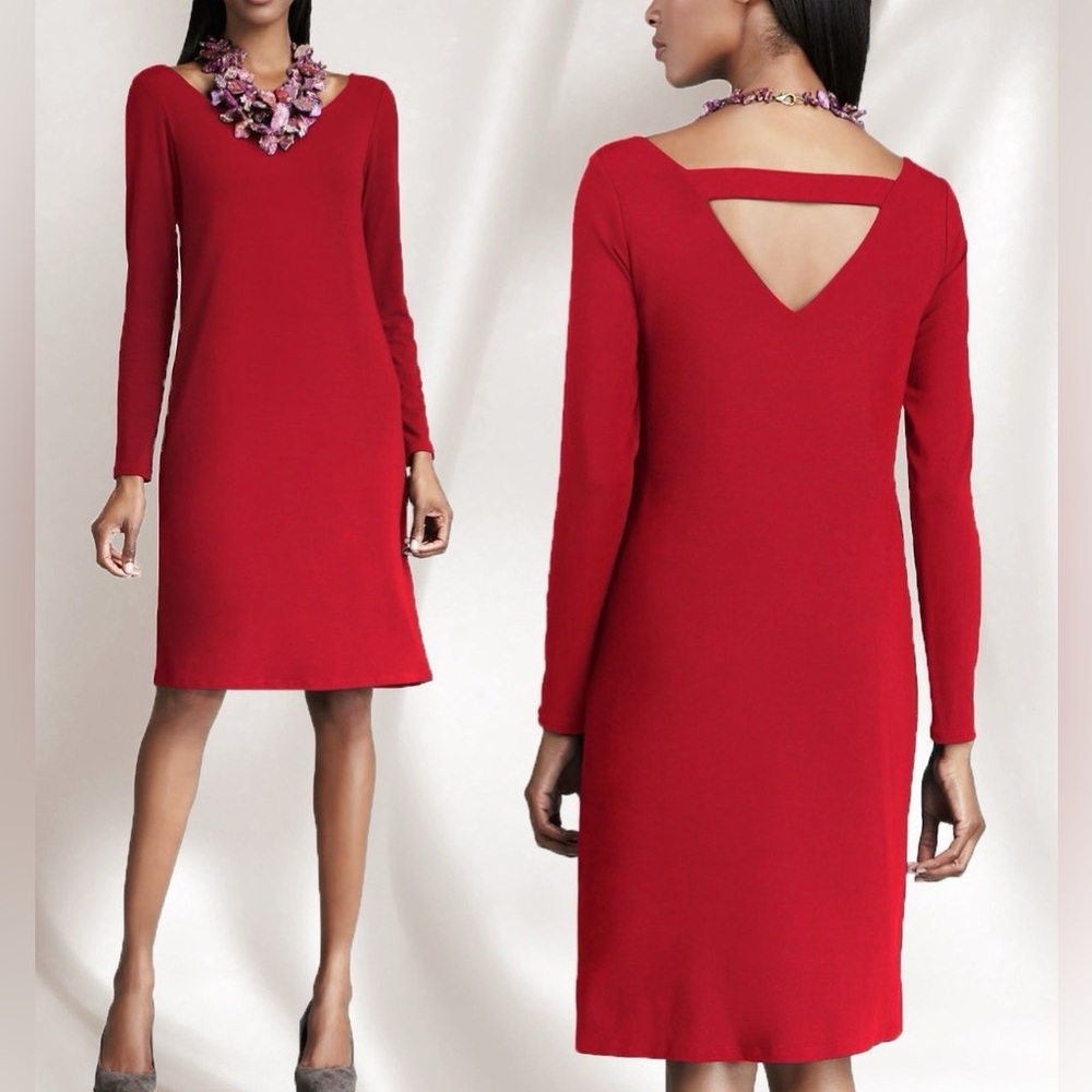 Eileen Fisher Dress Viscose Jersey Ballet Neck Cut Out Back Scarlet Red XS